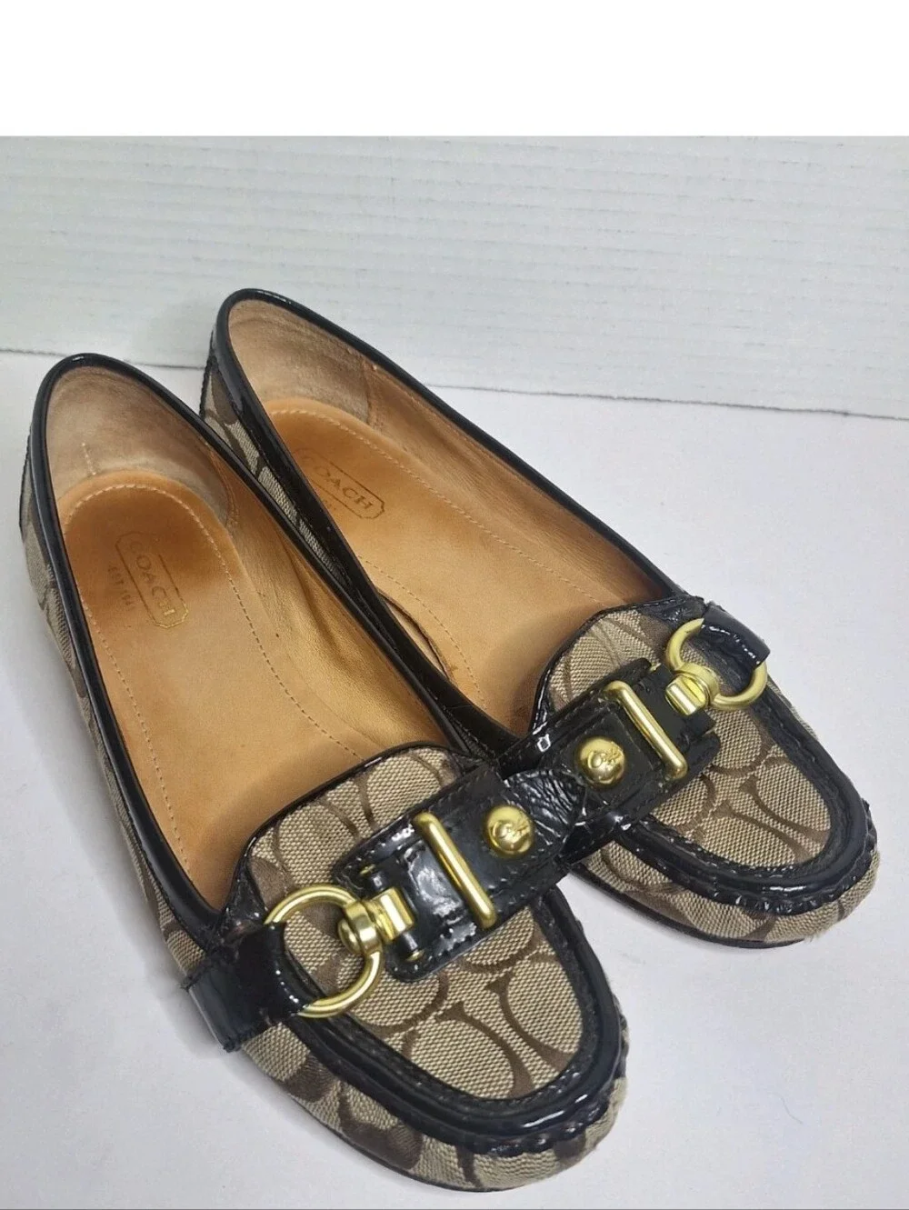 Coach Elkie Loafers Shoes Brown Signature Canvas Patent Leather Size 7 B